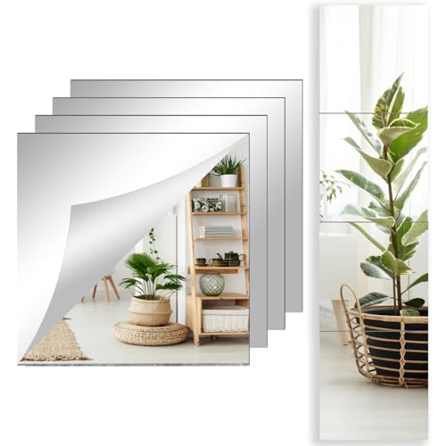 wintfarm 4 Pcs Self Adhesive Mirror Tiles,30x30cm (2mm Thick) Stick On Mirrors For Walls,Acrylic Stick On Mirrors For Wardrobe Doors Bathroom Livingroom Bedroom Decor (4pcs 30 * 30cm)