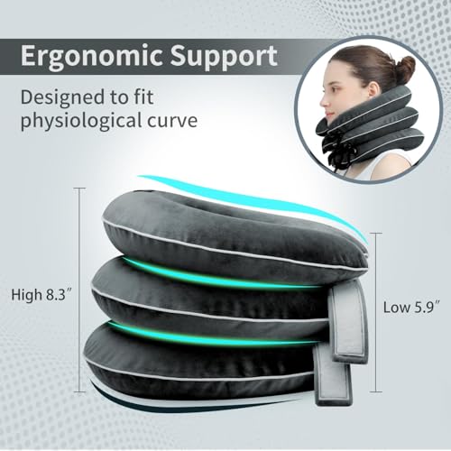Image of Cervical Neck Traction Device for Neck Pain Relief - Inflatable Neck Stretcher Collar for Decompression - Best Home Use Neck Brace Pump (Black Plush)