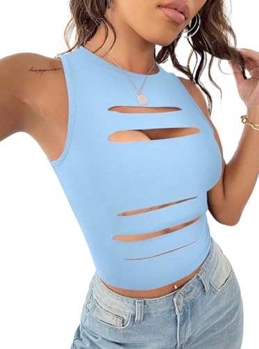 Image of LovelyWholesale Women Sexy Cut Out Crop Tank Tops Crew Neck Summer Sleeveless Top