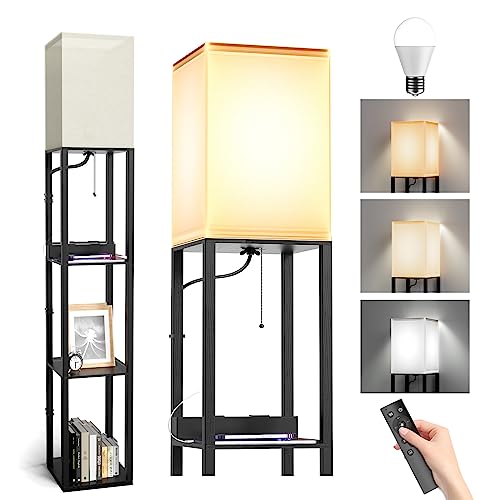 Trsaow Floor Lamp with Shelves, 2 USB Ports, Remote Control, 3 Color Temperature Adjustment, Corner LED Floor Lamp Shelf for Living Room, Bedroom and Office, Flaxen Lamp Shade with E26 Lamp Base