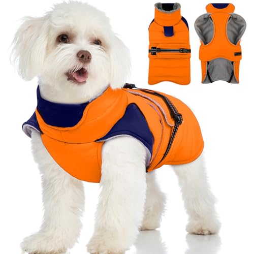 Image of MIGOHI Cozy Small Dog Coat - Reflective Dog Coat for Small Dogs,Fleece Winter Coats Jacket for Dogs with Leash Hole,Snowproof Thick Puppy Clothes,Pomeranian,Chihuahua,XS,Orange