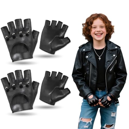 YCZARD Fingerlose Handschuhe aus PU-Leder, Punk, für Kinder, ausgehöhlt, stilvoll, Gothic-Leder, Nieten, Biker-Handschuhe, Punk-Kostüm, Cosplay, Halloween, Leistung für Kinder von 8–12 Jahren, Jungen