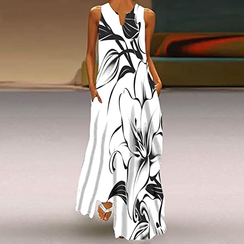 Women Summer Maxi Dress Sleeveless Loose Long Dress V-Neck Vintage Floral Print Dress Flowy Casual Dress with Pockets 2024 Women\'S Summer Maxi Dress Warehouse Sale Clearance - Thumbnail 2