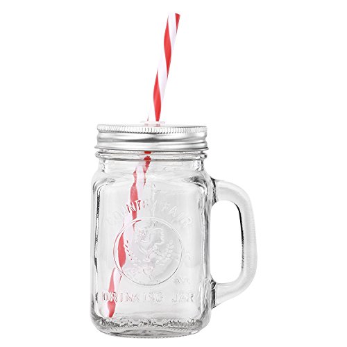 Mason Jar Mugs With Handle, Silver Lid And Plastic Straws. 16 Oz. Each. Old Fashion Drinking Glasses - Pack Of 4. By Premium Vials #TOP5