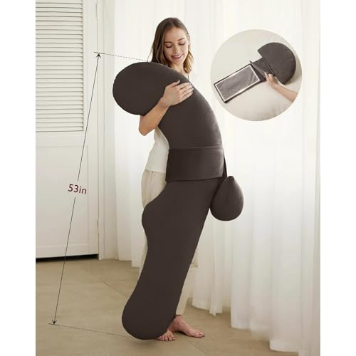 Image of J-Shaped Sleeping Pregnancy Pillow| Removable Velvet Covers| PregnoCare Fibres| Baby Shower Gift, Maternity, Nursing| Full Body Soft-Support Bump, Head, Back, Shoulder, Hips, Legs and Belly (Brown)