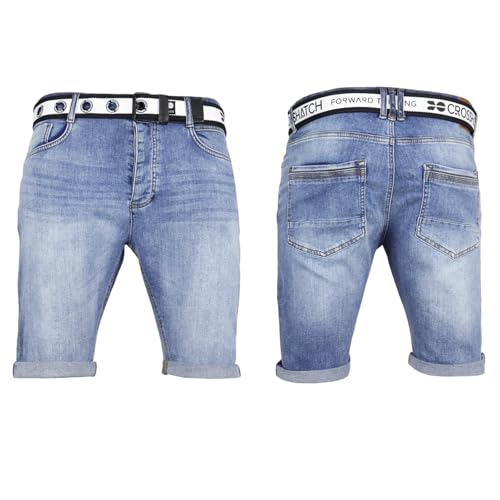 Crosshatch Denim Shorts Mens Stretch Belted Turn Up Knee Length for Summer, Holiday, Golf by Jeanbase Lightwash 32