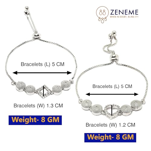 Image of ZENEME Set of 2 Rhodium-Plated Silver Toned American Diamond Bracelet Combo for Women & Girls Adjustable Designer CZ Tennis Bracelets