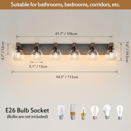 Image of LmnLvn Bathroom Light Fixtures, Farmhouse Wood & Metal with Globe Glass