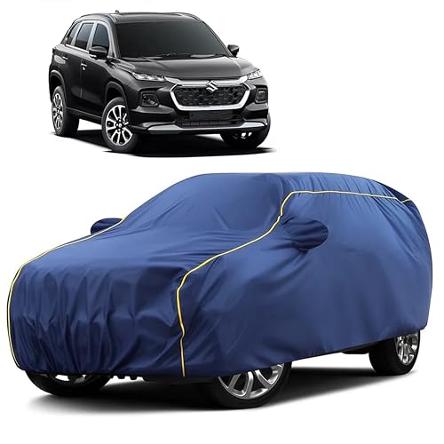 Image of Sulfar 100% Water Resistant Car Body Cover Compatible with Mirror for Maruti Suzuki Grand Vitara (Triple Stitched, Full Bottom Elastic, Blue Taffeta with Yellow Piping)