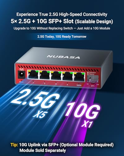 Image of 5-Port 2.5Gb Switch with 10Gb SFP+ Port, Less Heat Unmanaged Multigig Ethernet Splitter for NAS, Gaming, PC - Plug & Play, Silent Aluminum Housing, Professional Grade 2.5 Gigabit Network Switch
