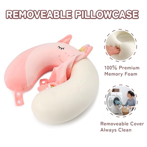 Image of Memory Foam Kids Travel Neck Pillow for Ages 9+, Removable Cover, Unicorn