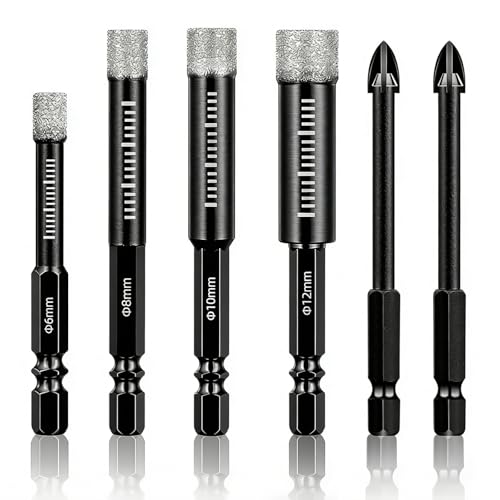 Diamond Drill Bit Set Tile Drill Bits 6/8/10/12mm Hex Shank Suitable for Granite Ceramic Marble Stone and Glass (Black 6 PCS)