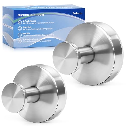 Suction Cup Hooks for Shower No Drill - Heavy Duty Stainless Steel Bathroom Hooks, Wall Mounted for Towels, Robes, Loofah - Works on Tile, Glass, Mirror, Kitchen (Silver, 2 Pack)
