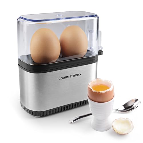 GOURMETmaxx Eierkoker voor 2 eieren, elektrische, energiebesparende eierkoker met eenvoudige bediening voor perfect ontbijteieren, met maatbeker en ei-pick, compact design, BPA-vrij, roestvrij staal