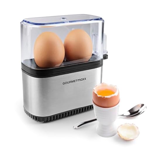 GOURMETmaxx Eierkoker voor 2 eieren, elektrische, energiebesparende eierkoker met eenvoudige bediening voor perfect ontbijteieren, met maatbeker en ei-pick, compact design, BPA-vrij, roestvrij staal