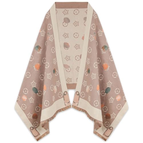 Relang Scarfs for Women Pashmina Silky Shawl Wrap for Evening Dressing Blanket Open Front Poncho Cape Khaki Five Leaf Flower