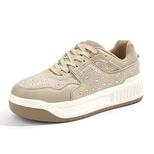 Niluber Women's Sparkle Rhinestone Chunky Sneakers White Leather Platform Tennis Shoes Lace Up Casual Walking Shoes (White, 6)