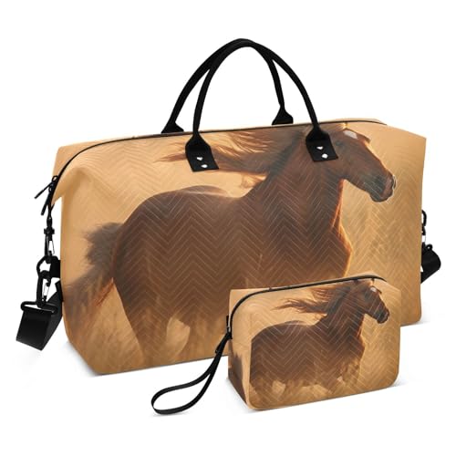 Large Travel Duffel Bag, Horse Running Sports Tote Gym Bag, Shoulder Weekender Overnight Bag for Women Men, Carry On Luggage with Toiletry Bag