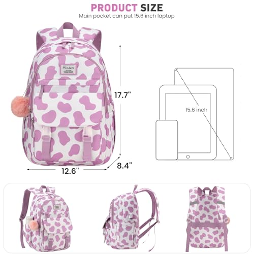 Image of WINDARS School Backpack for Teen Girls, Cute College Backpacks for Women Students Aesthetic Bookbag Large 15.6 Inch Laptop Bag Middle School Travel Back Pack (Cow Print Purple)