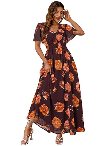 Image of Simplee Women's Boho Floral Maxi Dress Flowy Casual V Neck Short Sleeve Wedding Guest Holiday Beach Long Dress