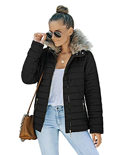 Vetinee Women Casual Faux Fur Lapel Zip Pockets Quilted Parka Jacket Puffer Coat3
