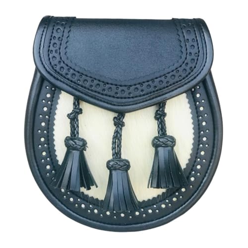 Scottish Black Leather & White Fur Kilt Sporran Traditional Highland Leather Sporran2