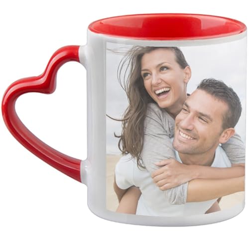Ocadeau Mug personnalisé photo avec anse cœur et intérieur rouge – Tasse céramique blanche avec anse cœur rouge – Idée cadeau femme, homme, noel,...