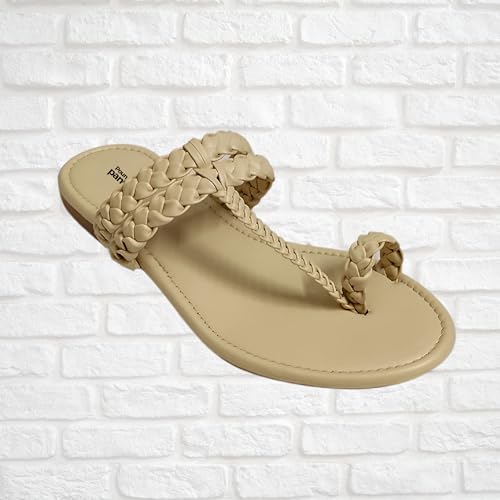 Image of Women's Round Toe Flats Sandal | Hand Braided Toe Ring Sandals | Dailywear Slippers Under 500 | Open Toe Kolhpauri Style chappal for Ethnic and Casual Occassions.