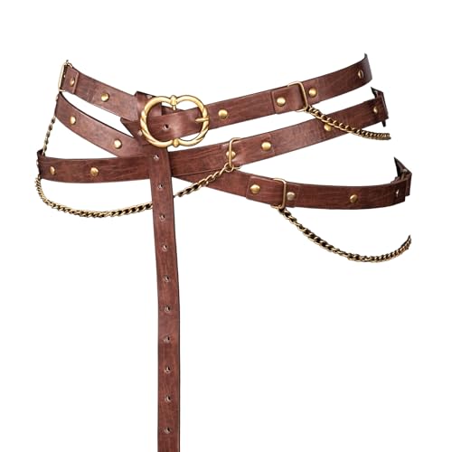 TobWeaL Medieval DIY Pirate Belt Metal Chain Adjustable Leather Retro Renaissance Belts for Women Dresses (brown a)