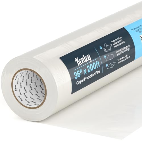 Kenley Carpet Protection Film - Self Adhesive Plastic Carpet Protector Film - Heavy Duty Shield Covering for Stairs Floor Runner Surface - Puncture & Water Resistant Sticky Protection Roll (36'x200')