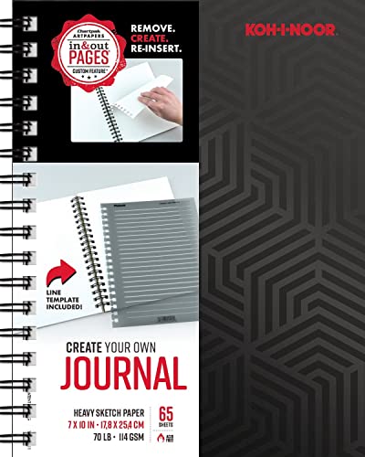 Koh-I-Noor 7" x 10" Create-Your-Own Journal with Line Template, Heavy Sketching Bright White Paper Pad with In and Out Pages, 70 lb. / 114 GSM, 65 Sheets per Pad (1701006113)