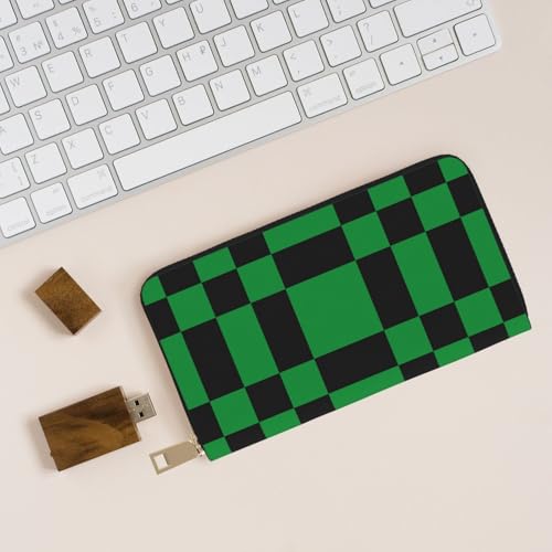Leather Thin Slim Wallets for Women Men - Fashion Black Green Checkered Print Card Wallet Holder with Zipper4