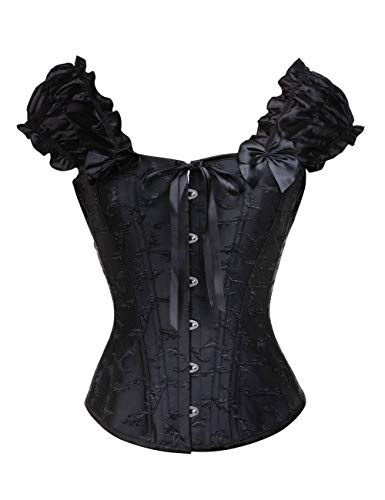 FeelinGirl Mujer Corsé Gótico con 12 huesos de acero Bustier Vintage Brocado Satén Encaje Floral con Broche y Cinta Ajustable para Vestir Negro 4XL/Talla 46 Cover