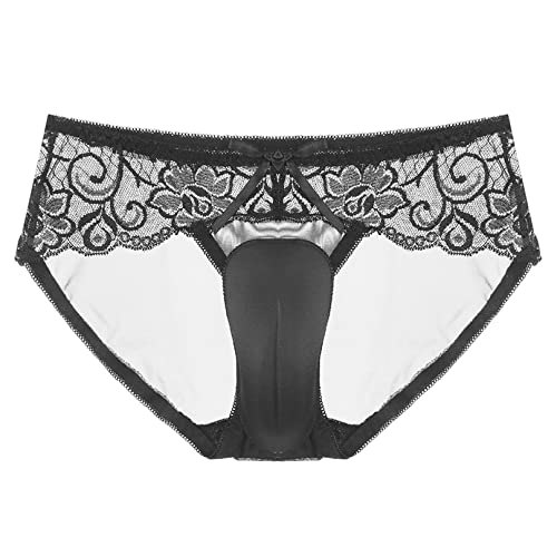 Msemis Men's Crossdresser Underwear Sissy Floral Lace Panties See-Through Mesh Sheer Briefs Lingerie Type A Black Large #TOP1