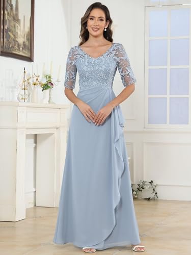 Mother of The Bride Dresses for Women Floor Length Half Sleeve Chiffon Lace Applique Wedding Guest Dress Formal Evening Gowns4