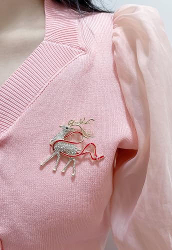 Image of Rhinestone Deer Xmas Brooch Pin for Women Girls Gold Tone Fashion Red Ribbon Crystal Elk Brooches Lapel Pins Cute Christmas Holiday Festival Decoration Suit Dress Accessories Jewelry Gift