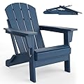GarveeLife Folding Adirondack Chairs, HDPE Plastic Outdoor Chairs with Wood Texture - 380Lbs & Weather Resistant for Fire Pit, Deck, Patio, Pool, Backyard - Navy Blue