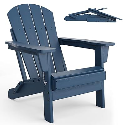 GarveeLife Folding Adirondack Chairs, HDPE Plastic Outdoor Chairs with Wood Texture - 380Lbs & Weather Resistant for Fire Pit, Deck, Patio, Pool, Backyard - Navy Blue