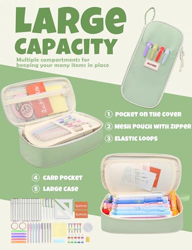 Image of SUNEE Cute Pencil Case, Aesthetic Pen Pouch, Colored Large Pencil Bag with Zipper, Kawaii Stationery Storage and Organizer, School Supplies for Teen and Adult Girls, Green