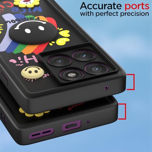 Image of Pikkme Back Cover for Motorola Moto Edge 60 Pro 5G | Soft Silicone| Cute Rainbow Smile & 3D Cartoon Flower Design | Shockproof Raised Camera Protection Bumper Case (Black)