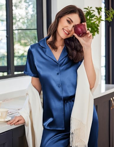 Image of Ekouaer Womens Satin Pajamas Silk Capri Pjs 2 Piece Lounge Sets Short Sleeve Button Down Sleepwear