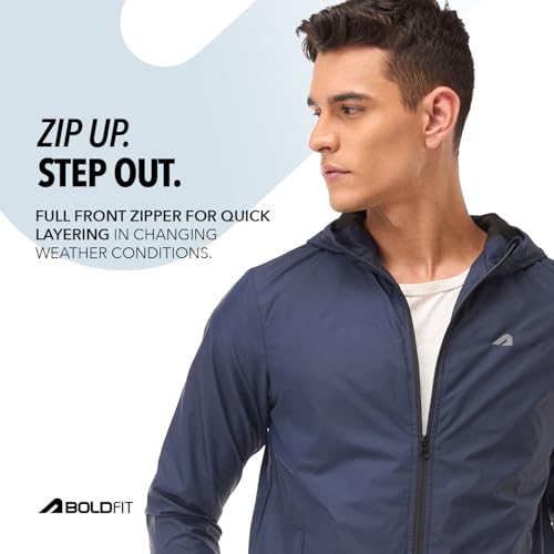 Image of Boldfit Men's Polyester Standard Length Windcheater Jacket, Lightweight & Wind-Resistant with Reflective Bike Jacket, Relaxed Fit-Stylish Windbreaker for Outdoor & Biking