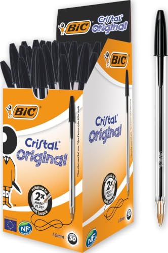 BIC Cristal Original, Penne Nere a Sfera, Punta Media, 1 mm, Confezione 50 Penne, Fornitura per Cancelleria Scuola e Ufficio