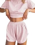 JUSTFASHIONNOW Pajama Shorts Set for Women Striped Print 2 Piece Short Sleeve Lounge Sets Sleepwear Comfy Split Short Pajama Set Soft Summer Outfits Loungewear Pj sets Pink L
