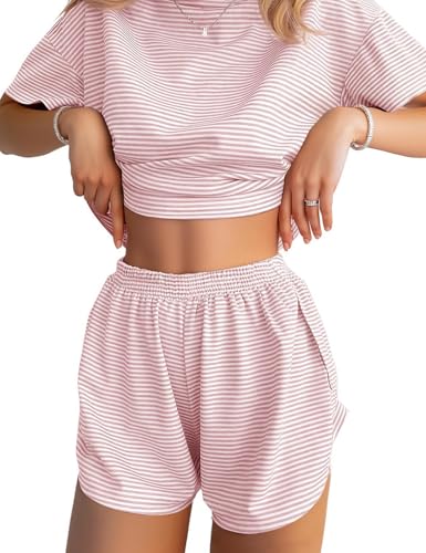 JUSTFASHIONNOW Womens Pajama Sets Shorts Striped Print Two Piece Lounge Sets Crew Neck Sleepwear Split Shorts Set Soft Pjs