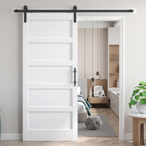 Image of Fredbeck 38x80 inch White Barn Door with 6.6 FT Sliding Door Hardware Kit Included & Handle,MDF,Solid PVC Surface,DIY Assembly,5-Panel
