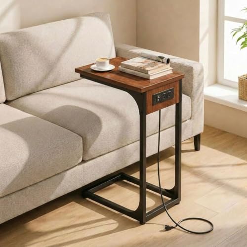 TEMI C Shaped End Table for Couch with Charging Station, Small Side Table TV Tray for Eating or Laptop, Accent Desk for Sofa or Chair, Space Saving Living Room Bedroom, Rustic Walnut