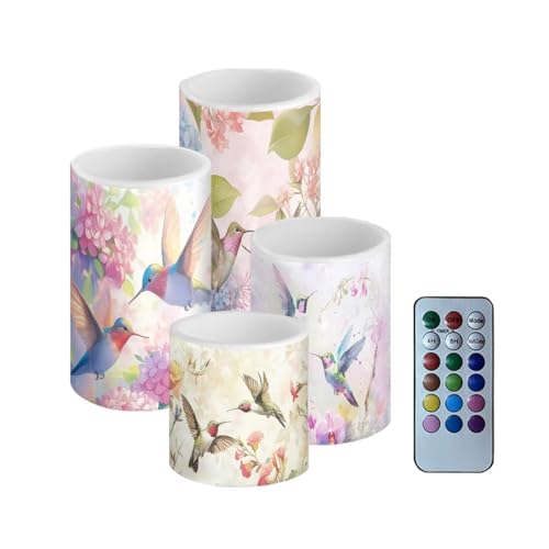 Image of Vintage Flower Hummingbird Flameless Candles Battery Powered LED Pillar Candles Tealights with Remote Timer Color Changing Control for Home Decor Set of 4
