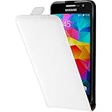 PhoneNatic Kunst-Lederhülle kompatibel mit Samsung Galaxy Grand Prime - Flip-Hülle weiß + 2 Schutzfolien