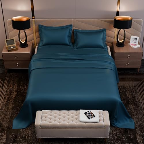 Image of Stoa Paris 350TC Luxstre Cotton Super King Flat Bedding Set for King & Double Size Beds with 2 Pillow Covers, 274cm x 274 cm Bedsheet, All-Season Comfort, Breathable, Home Decor, Panache - Teal